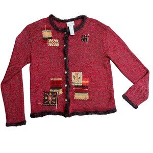 Vintage Napa Valley Petites Cardigan Sweater‎ Women's Medium Faux Fur Patchwork